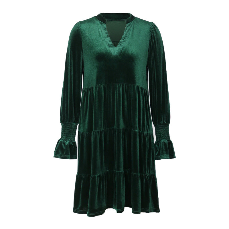 Woemn Long Sleeve Solid Color Velvet Dress