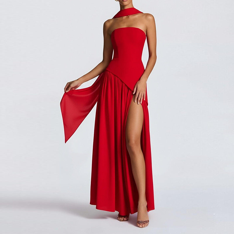 Women's Summer Elegant Slim Fit Solid Color Waist Split Dress