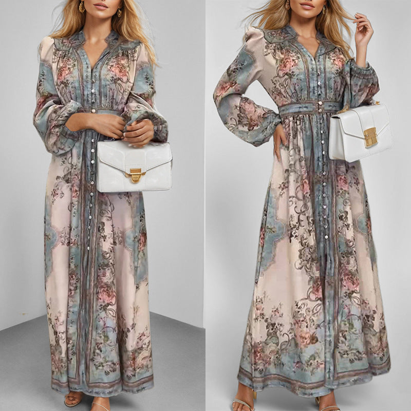 Elegant V-neck Print Long-sleeved Dress Long Dress