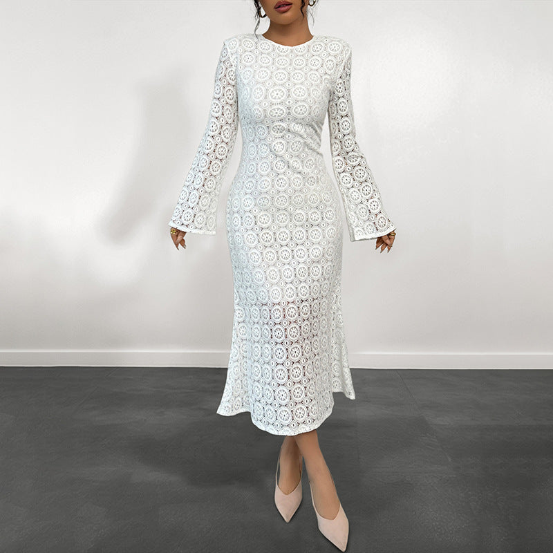 Elegant Fishtail Dress Long Sleeve Lace Solid Color Dress