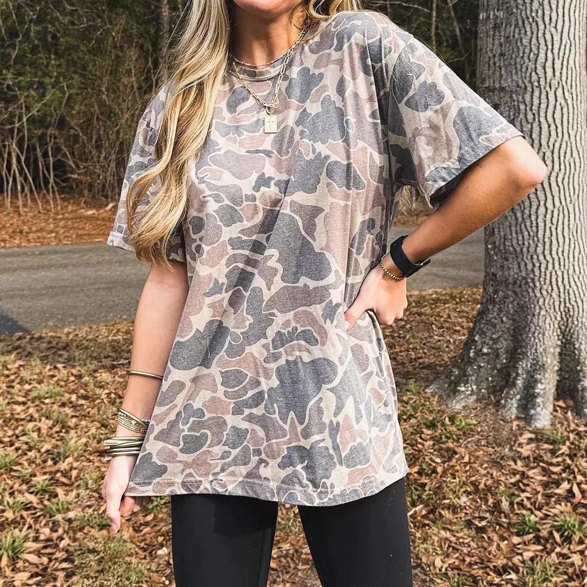Multicolour Retro Camouflage Print Womens Casual T Shirt