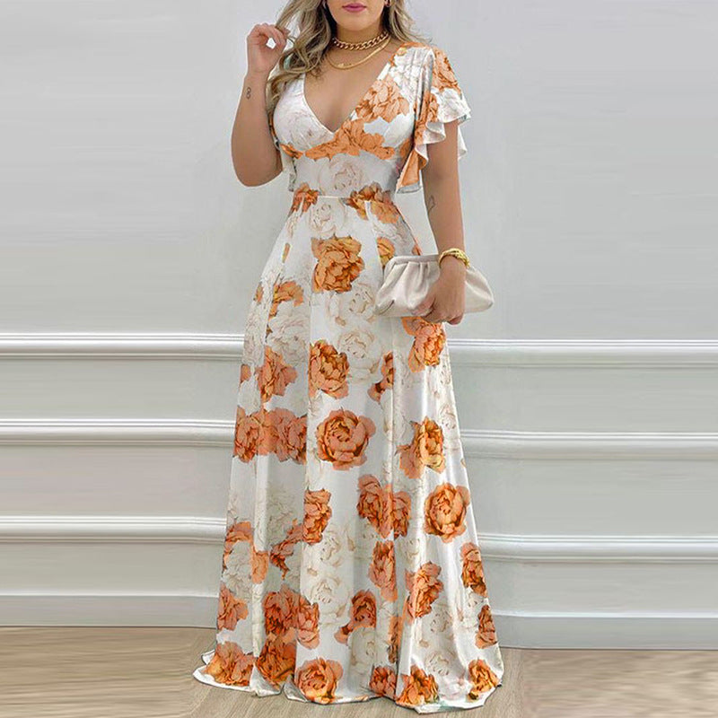 Women's Elegant V-neck Slim-fitting Flower Print Dress