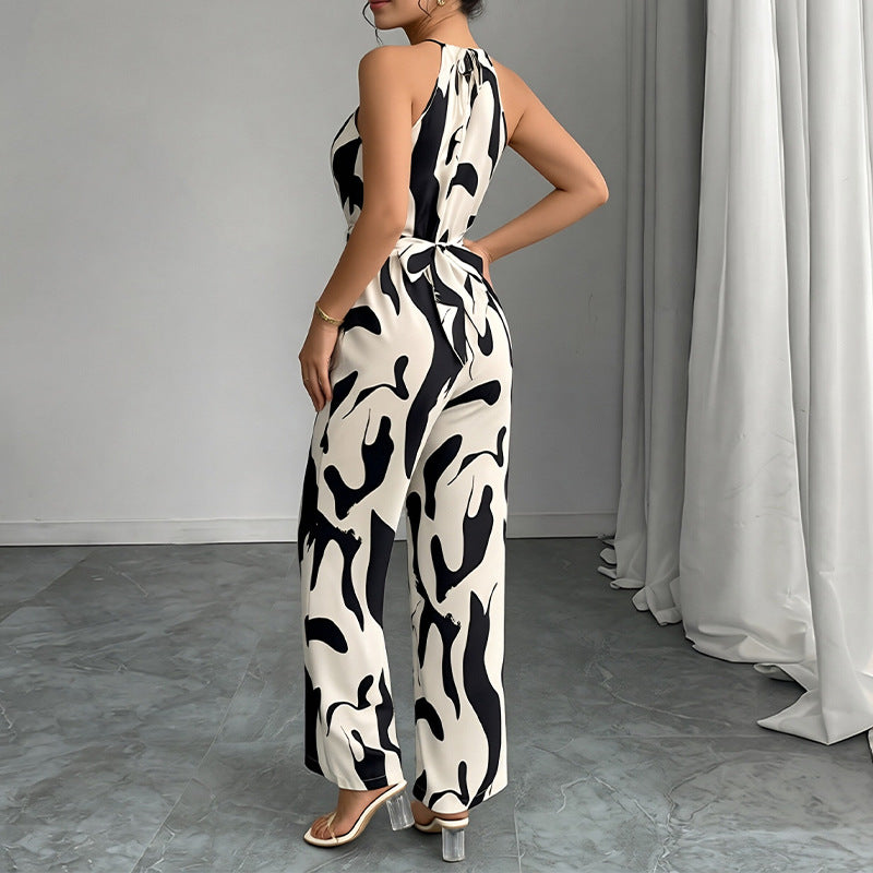 Women Crew Neck Printed Sleeveless Jumpsuit