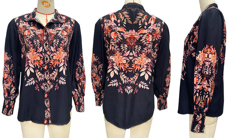 Women's Printed Long Sleeve Stand-Up Collar Fashion Casual Blouse