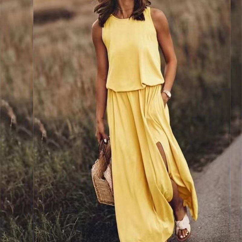 Solid Color Round Neck Sleeveless Lantern Split Dress