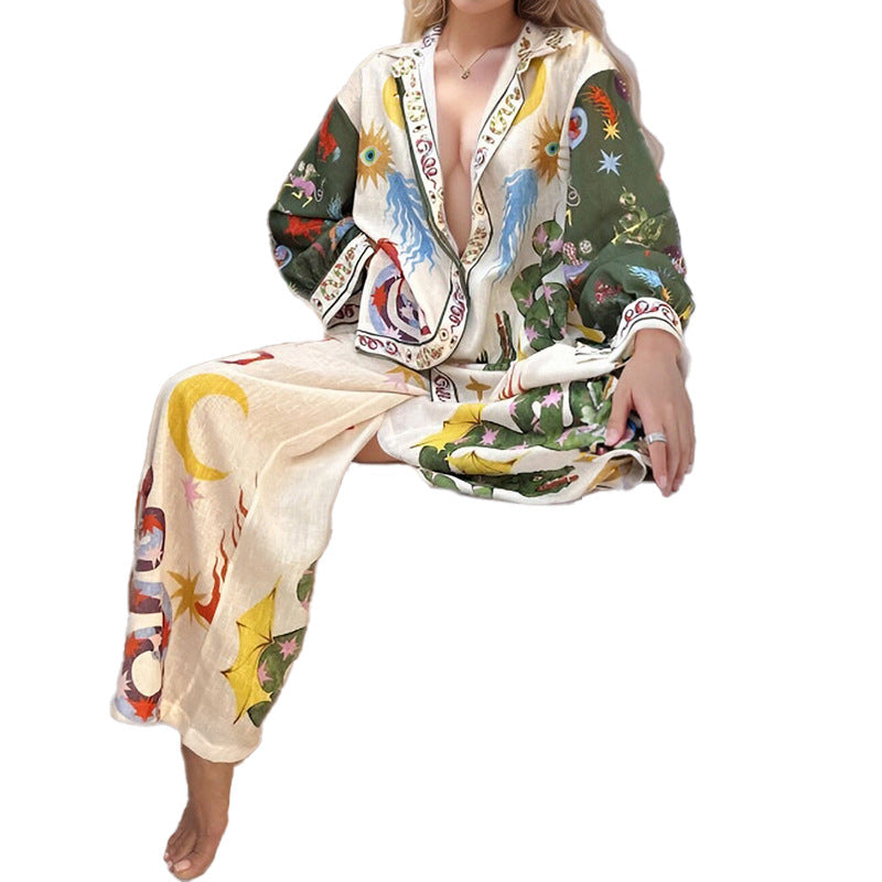 Casual Printed V-Neck Shirt Wide Leg Pants Fashion Suit