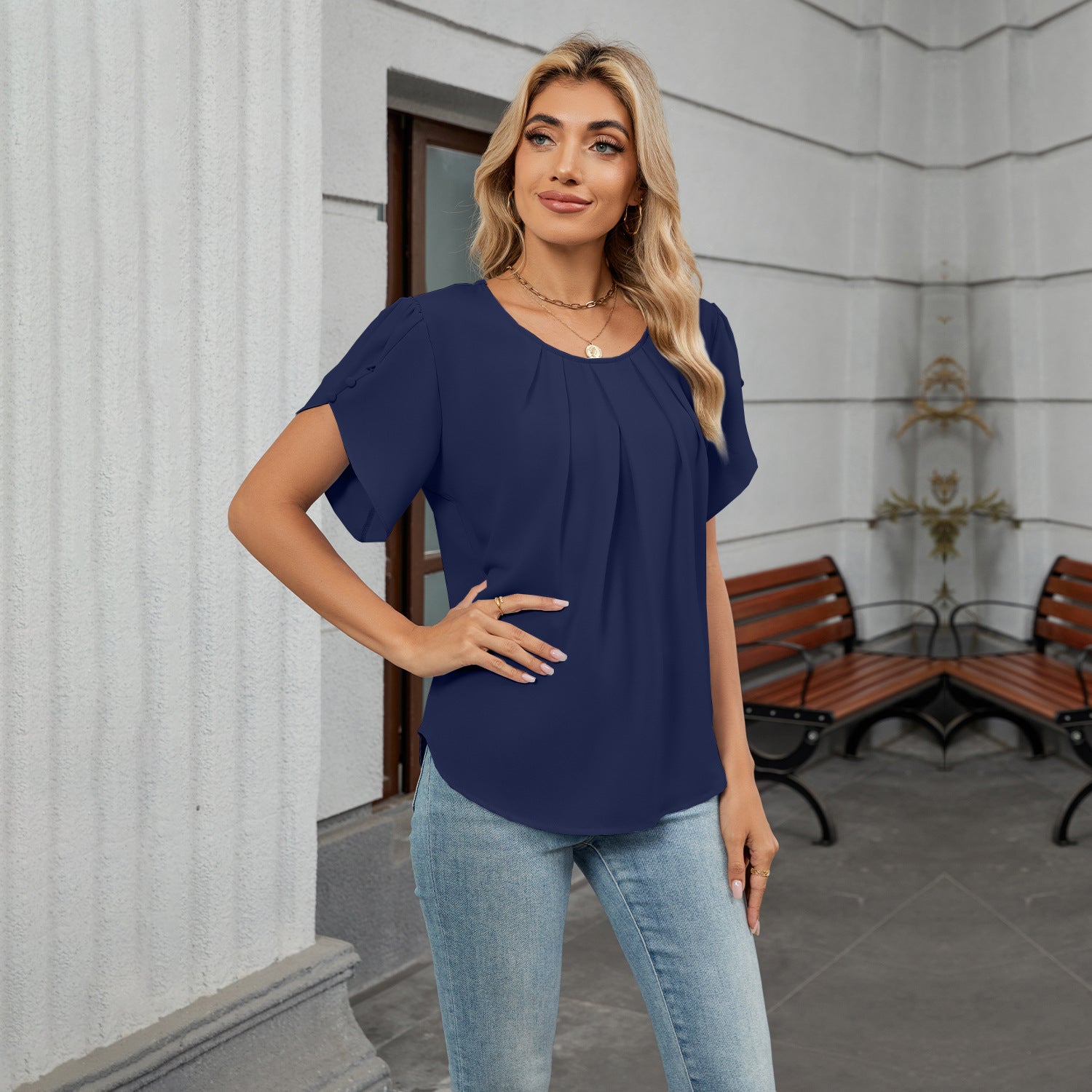 Women Crew Neck Short Sleeve Pleated Loose Chiffon Top