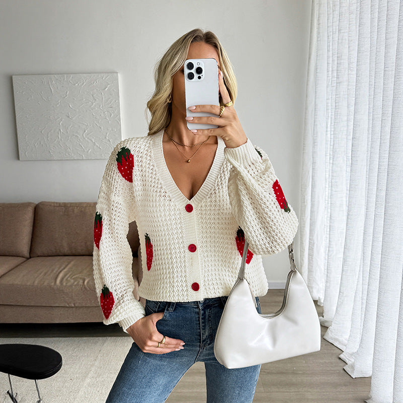 Cardigan Women's Strawberry Jacquard Knitted Sweater