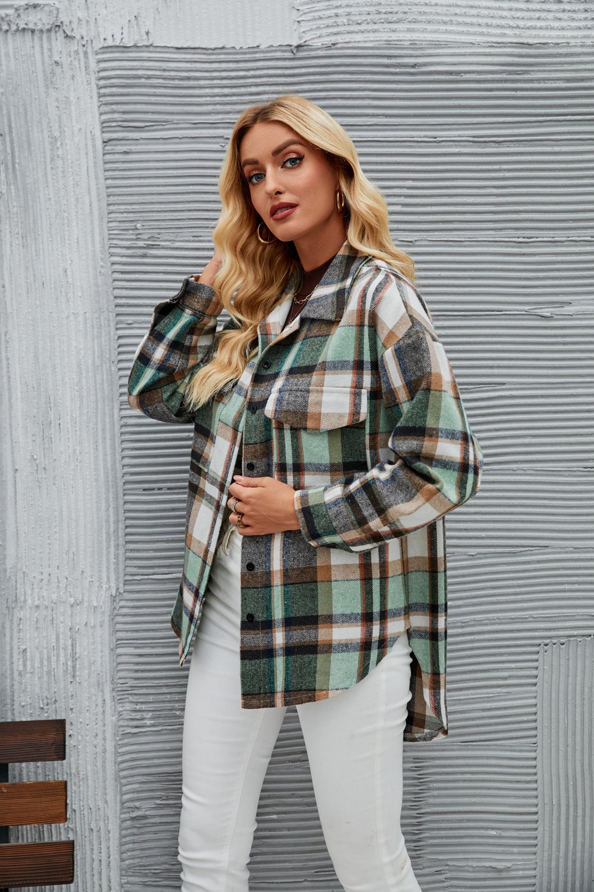 Women Long Sleeve Cardigan Lapel Loose Plaid Wool Shirt Jacket