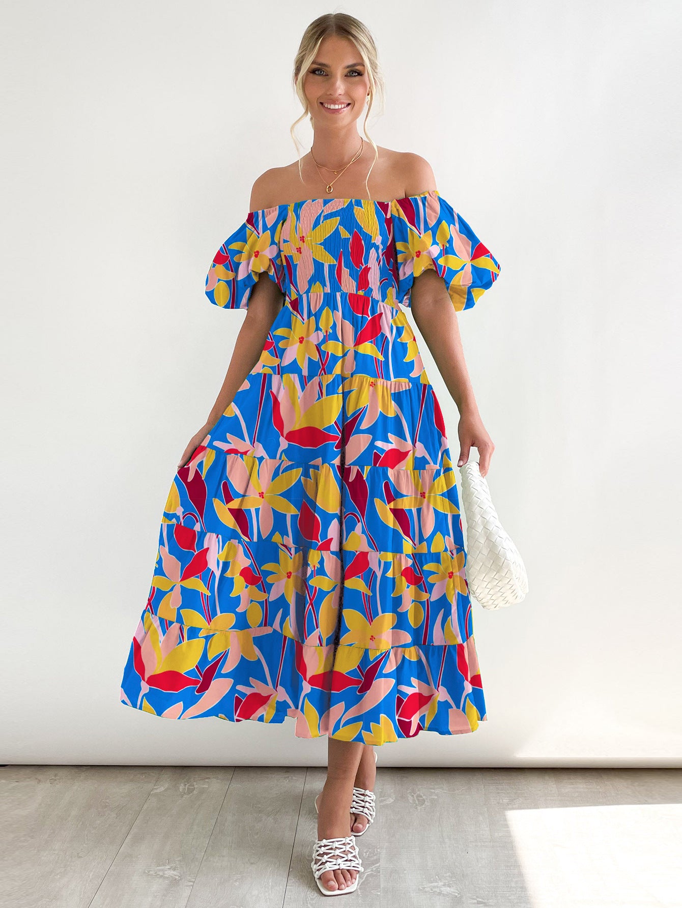 Offshoulder Printed Bubble Sleeve Dress for Women