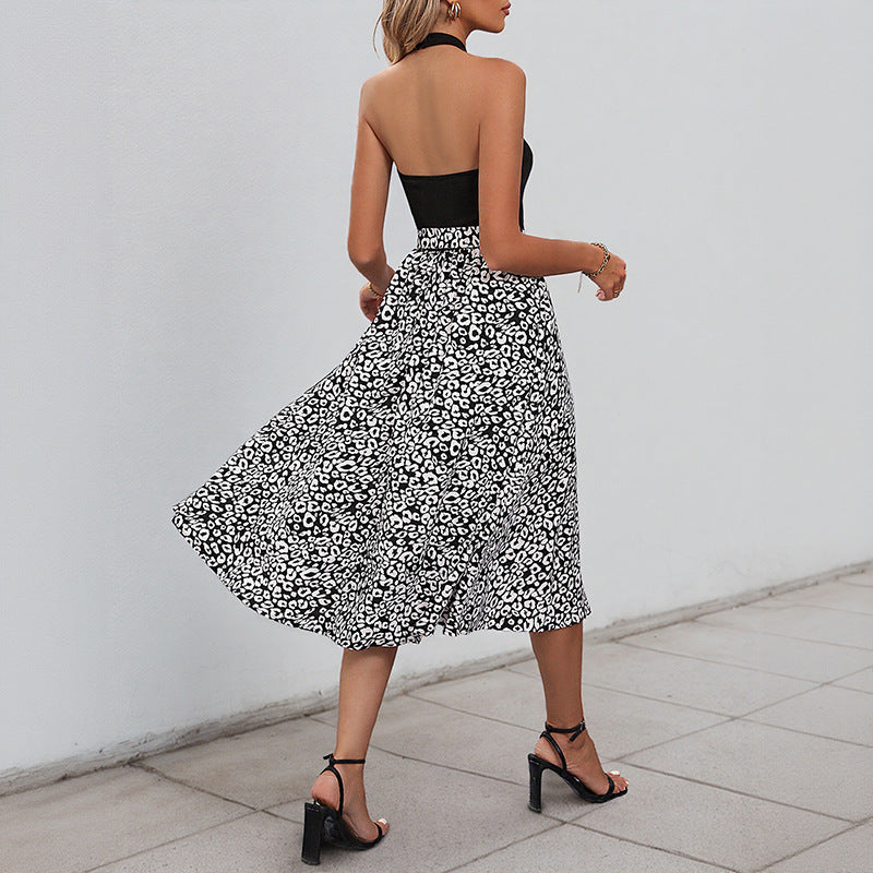 Casual Neck Skirt Leopard Print Contrasting Dress
