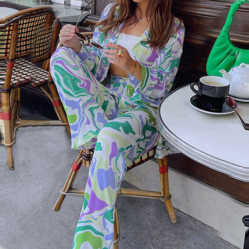 Fashion Loose Printed Wide Leg Pants Casual Suit