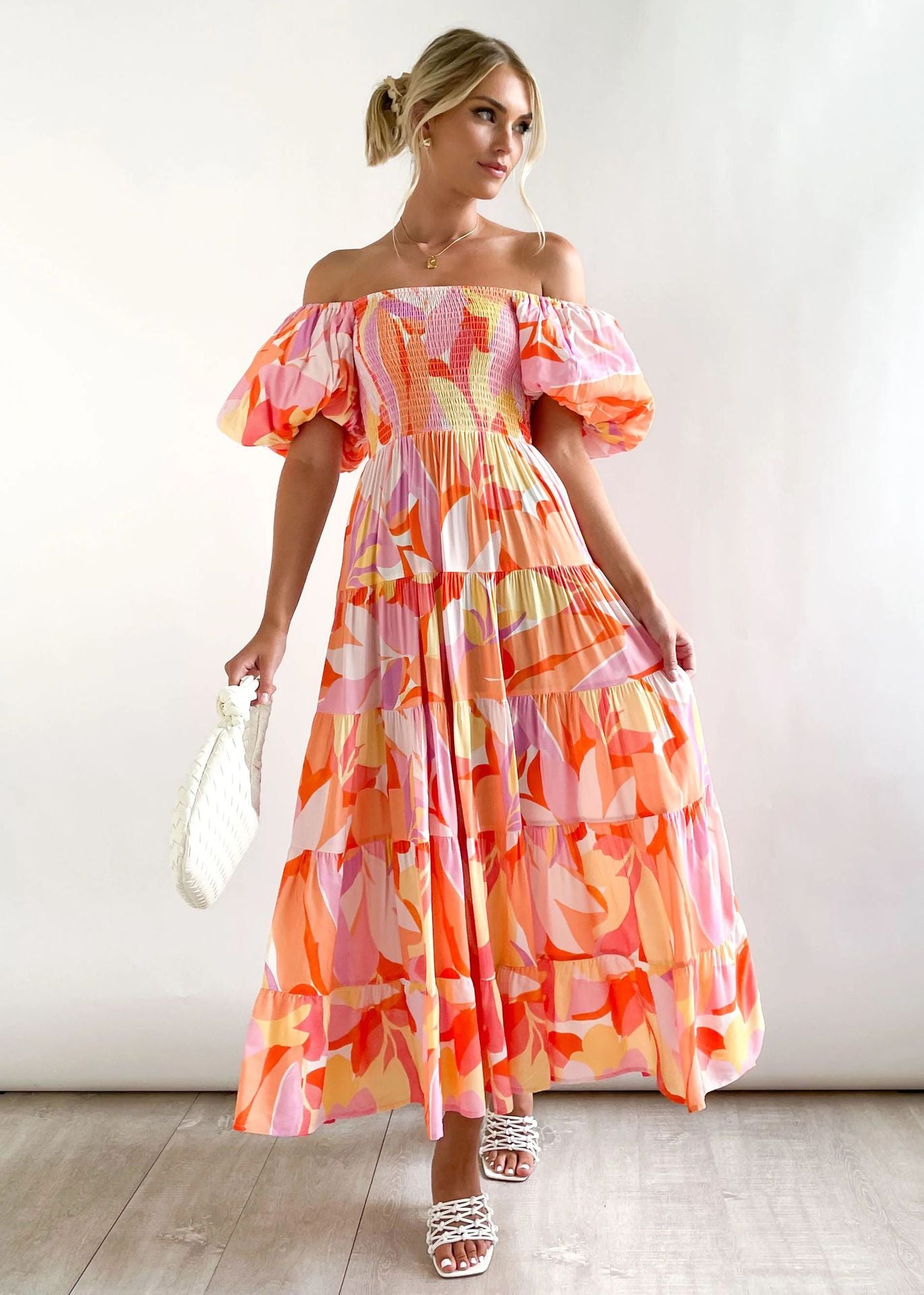 Women Bubble Sleeve Holiday Skinny Long Dress High Waist Shoulder Print Dress