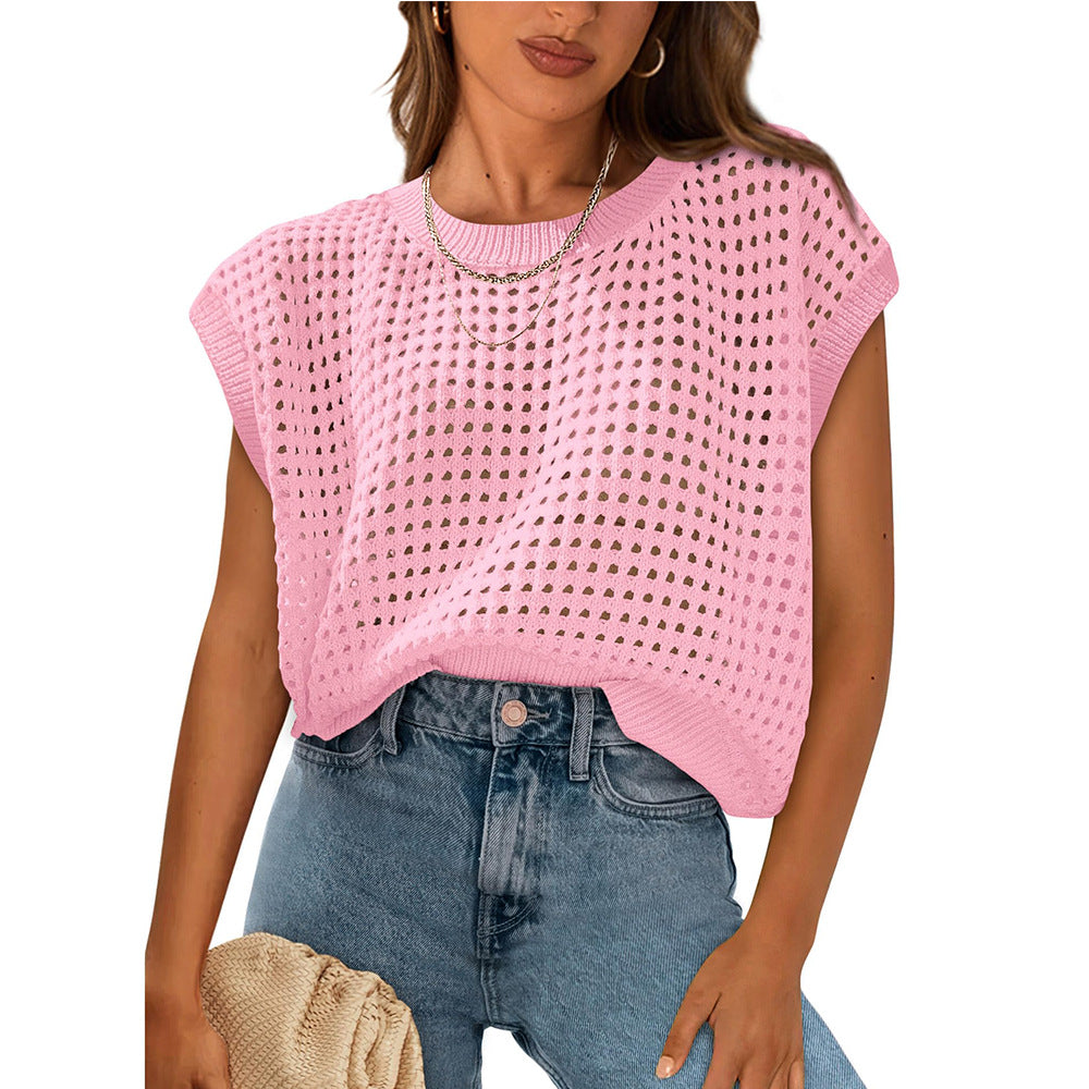 Women's Crew Neck Hollow-Out Sunscreen Knitted Sweater Blouse