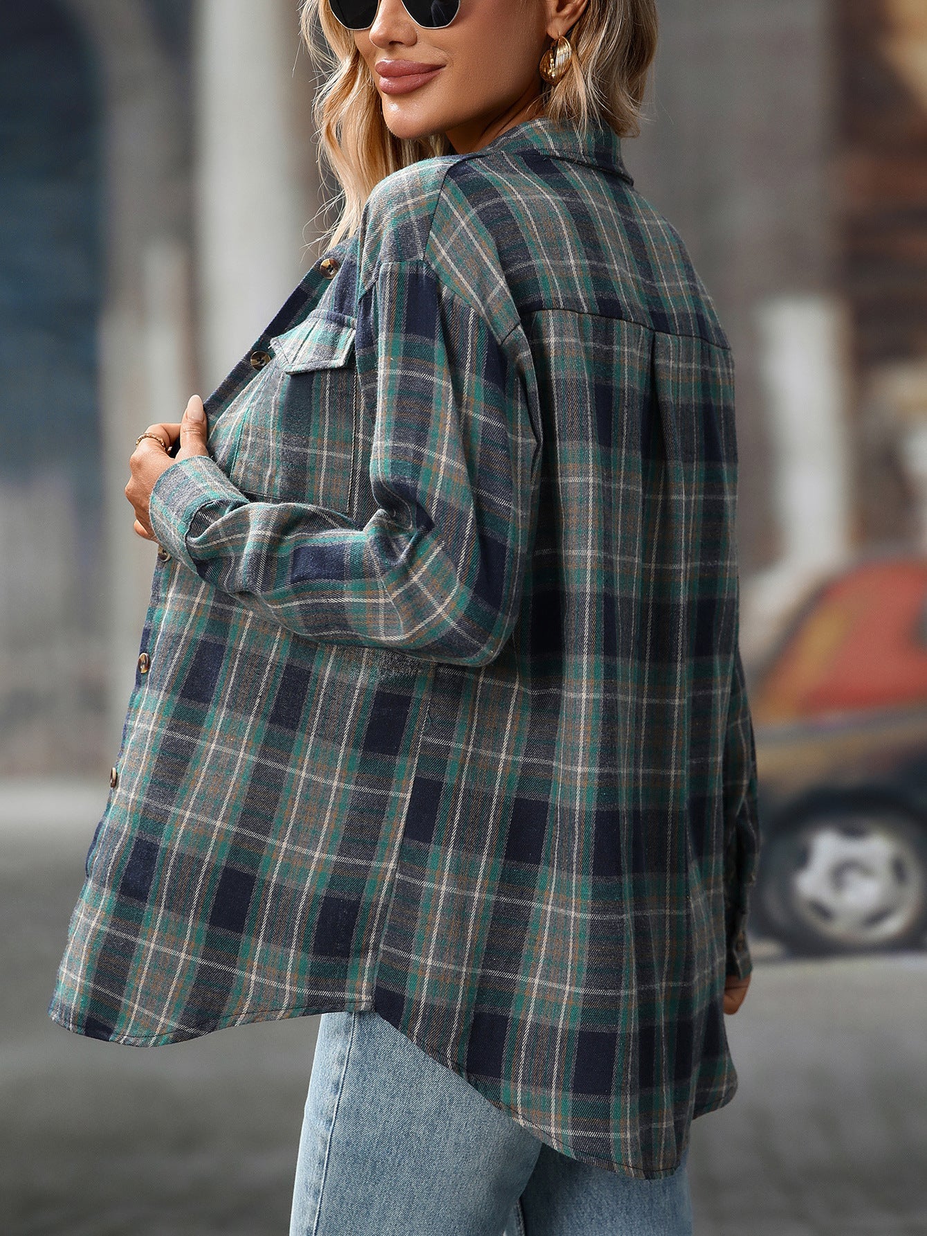 Casual Fashion Loose Plaid Pocket Shirt Women