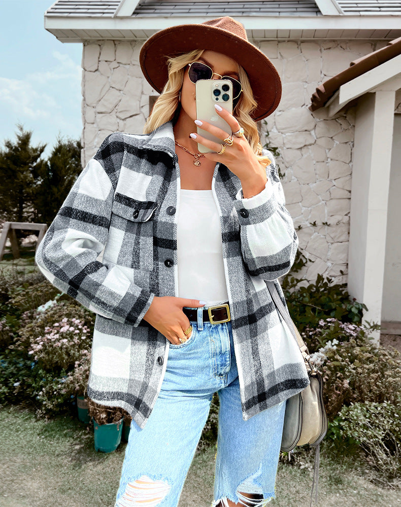 Plaid Jacket Long-sleeved Shirt Casual Top Women