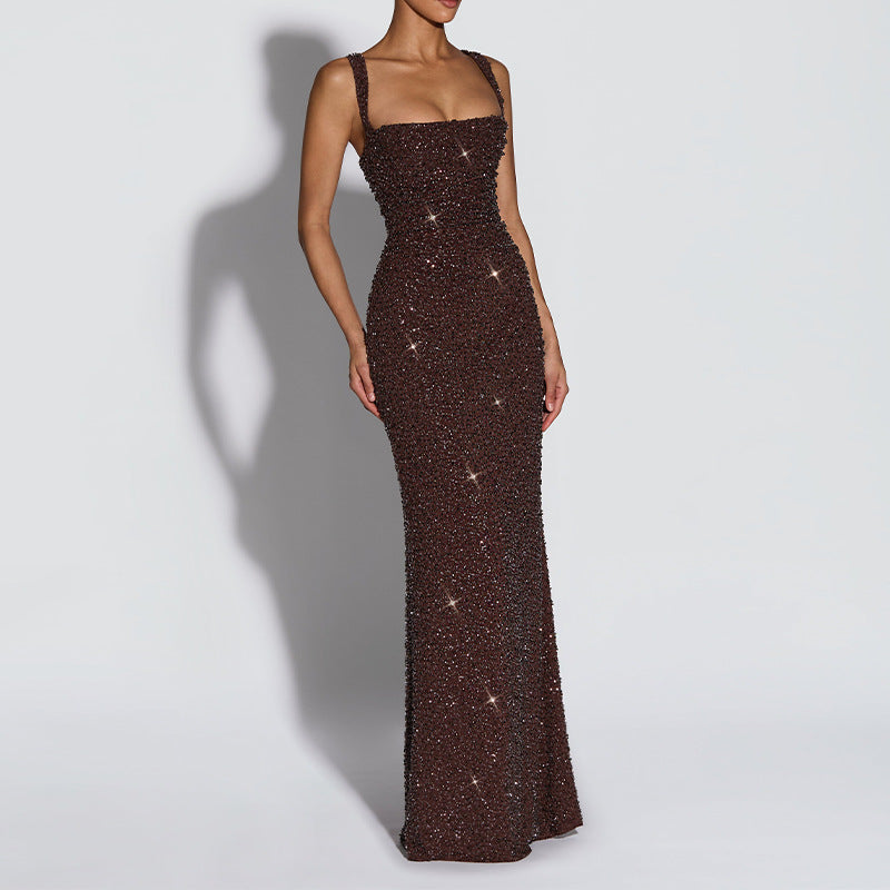 Women Elegant Sexy Square Neck Sequin Slim Fit Dress
