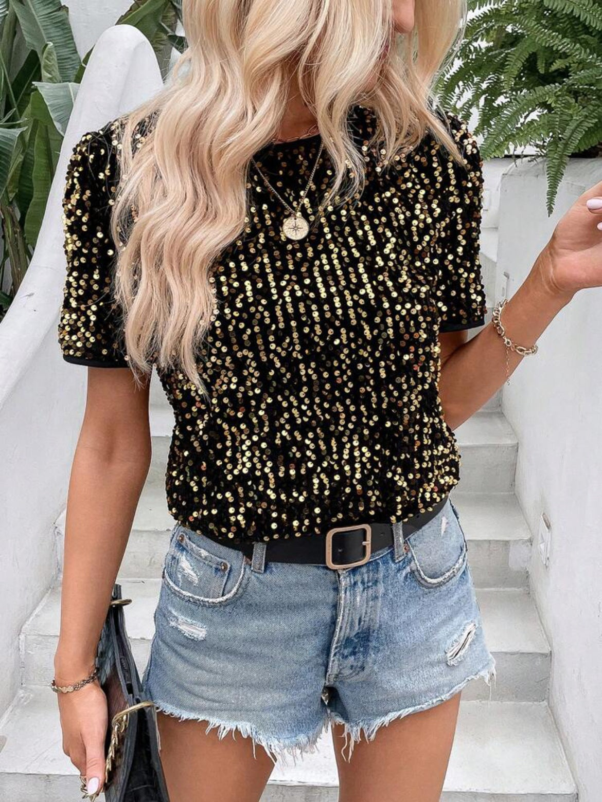 Short Sleeve Bag Neck Crew Neck Top Women's T-Shirt