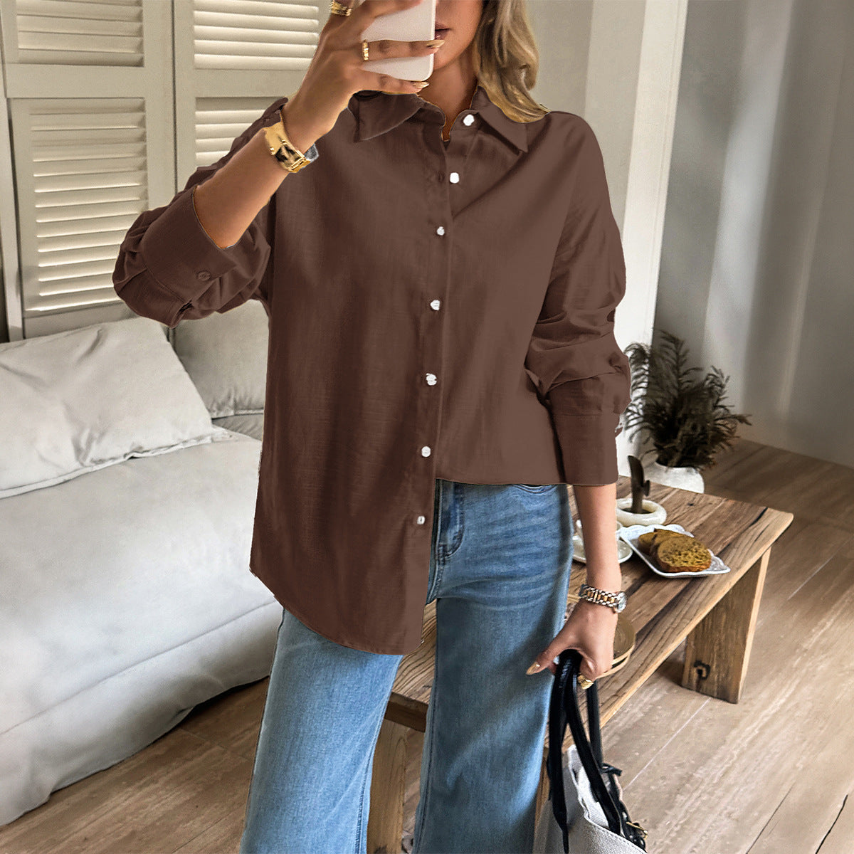 Women's Solid Button V-Neck Long Sleeve Women's Long Sleeve Blouse