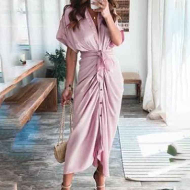 Elegant Short Sleeve Printed High Waist Dress Long Dress