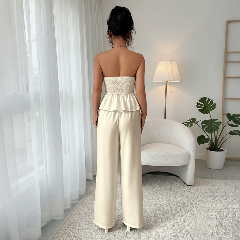 Sexy Tube Top Wide Leg Pants Solid Color Fashion Suit