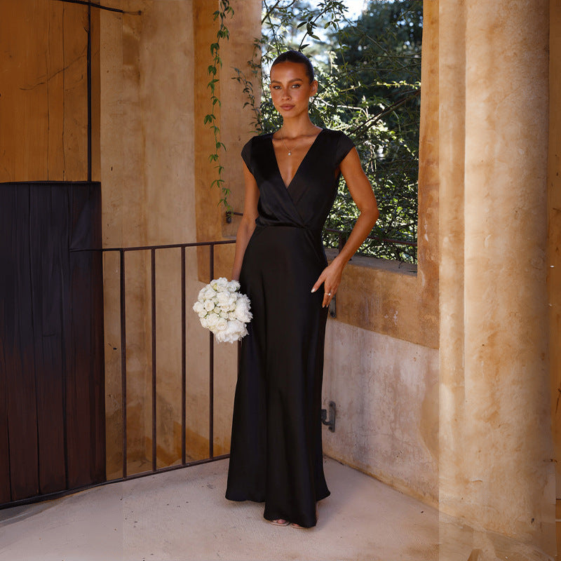 Women Satin Solid Color V-Neck Sexy Fishtail Dress Party Dress Long Dress