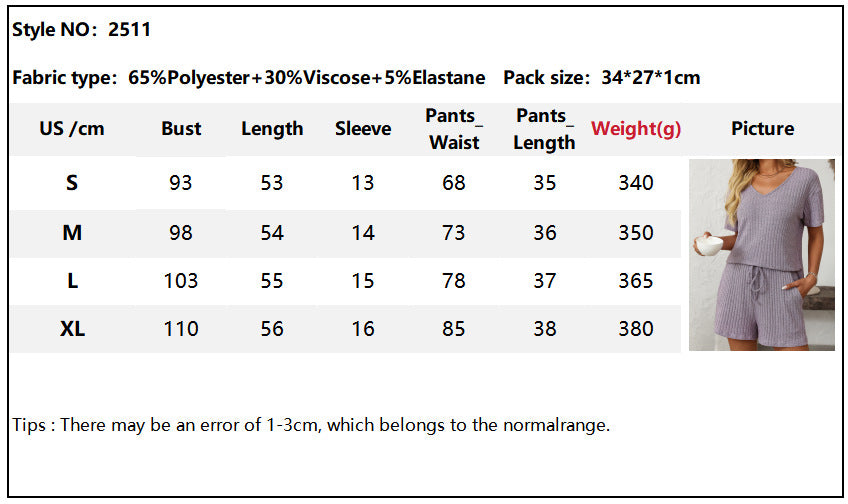 Solid Color Pit Strip Pajamas Short-sleeved Loungewear Set