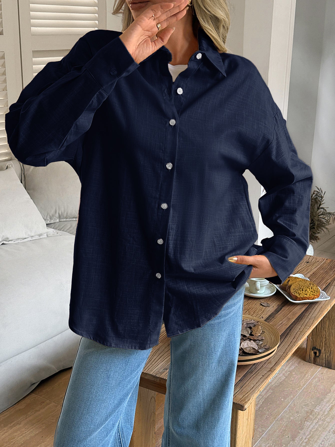 Women's Solid Button V-Neck Long Sleeve Women's Long Sleeve Blouse