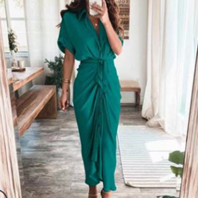 Elegant Short Sleeve Printed High Waist Dress Long Dress