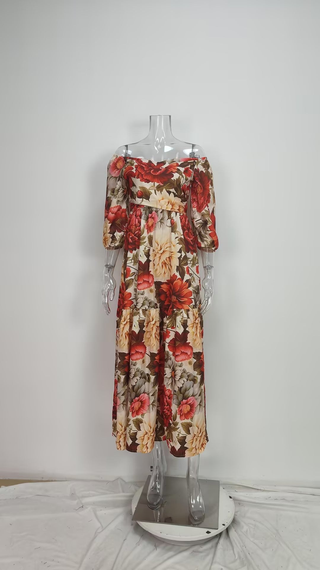 Women V-Neck Printed Lace-Up Dress Long Dress