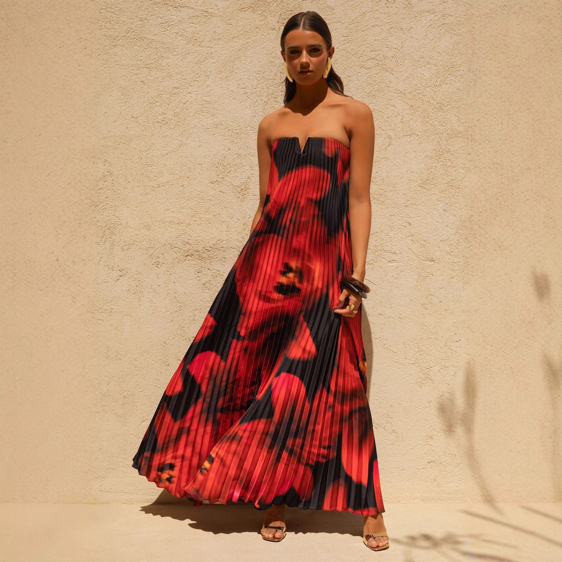 Women Printed Tubular Loose Pleated Long Dress