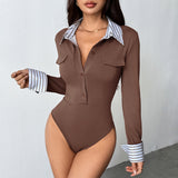 Striped Shirt Collar Long Sleeve Slim Fit Bodysuit