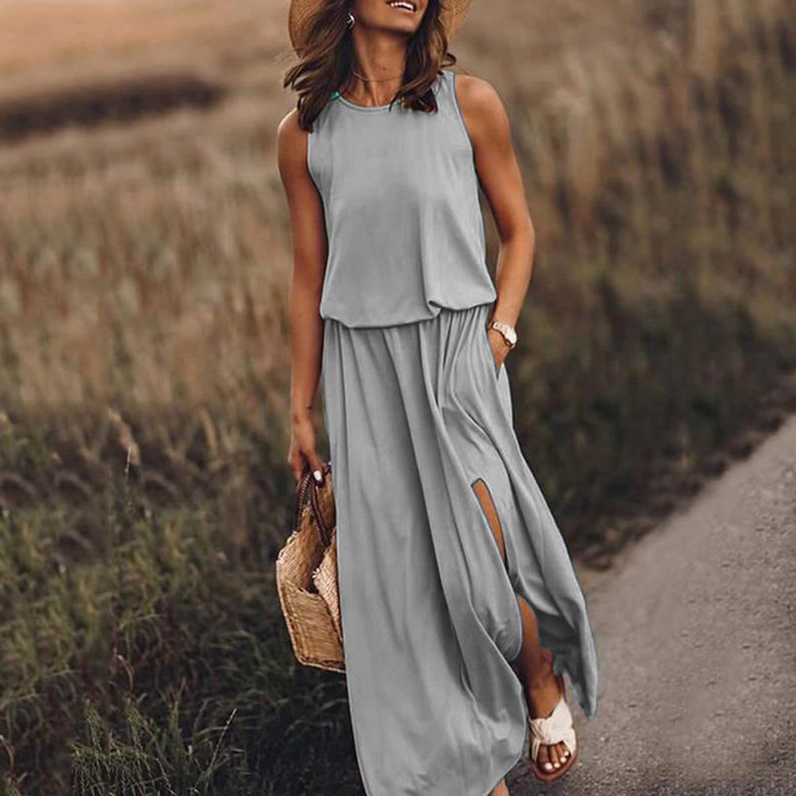 Solid Color Round Neck Sleeveless Lantern Split Dress