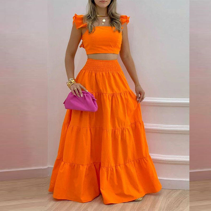 Sexy Daily Casual Solid Color Splicing Suspender Skirt Set
