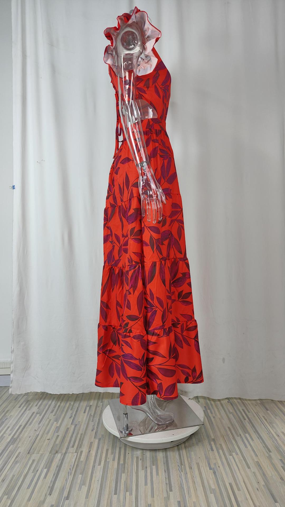 Womens Lotus Leaf Sleeve Print Long Dress