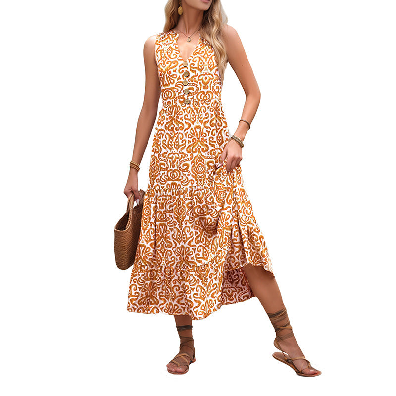 Women Sleeveless V-neck Print Dress