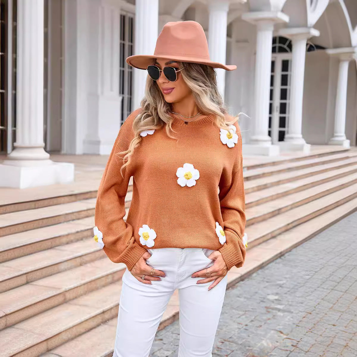 Women's Pullover Flower Sweater Crew Neck Long Sleeves