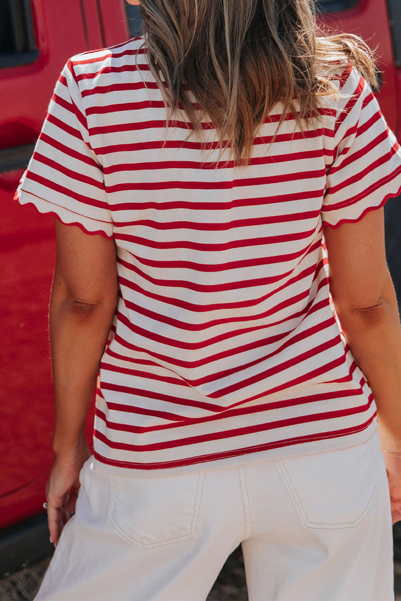 Womens Short Sleeve Top Ruffle Striped T-Shirt