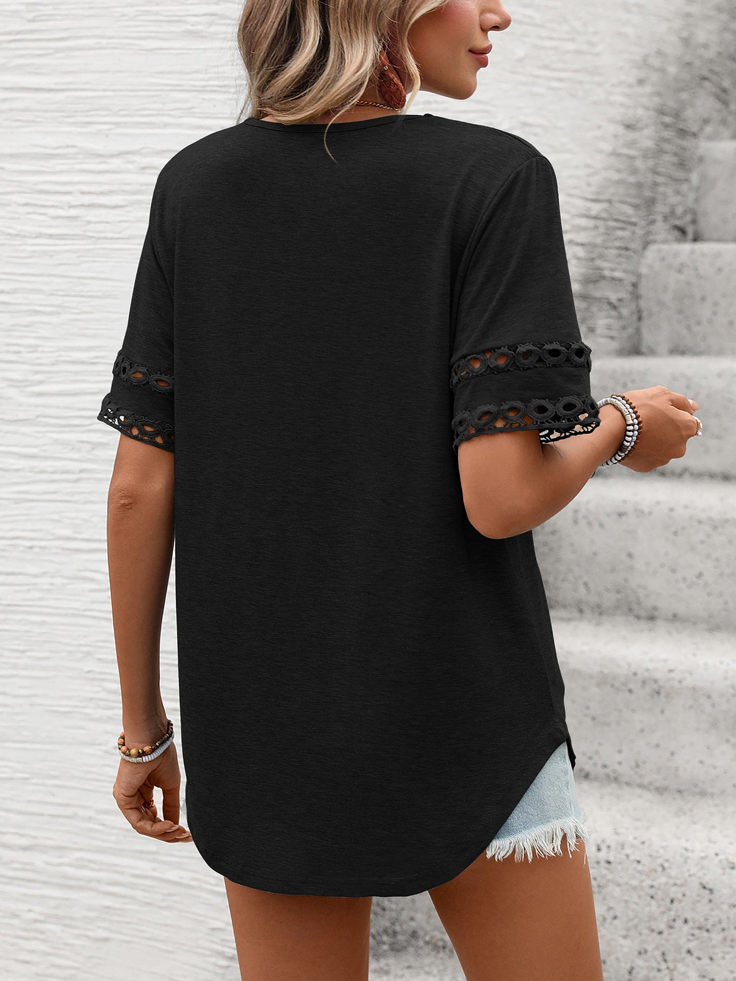 Women Solid Color V-Neck Lace Splicing Short Sleeve Loose T-Shirt Top
