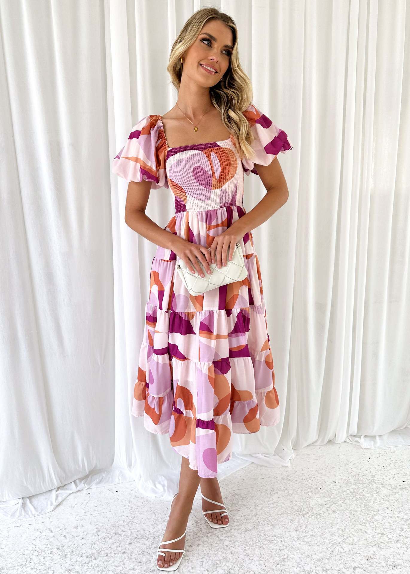 Offshoulder Printed Bubble Sleeve Dress for Women