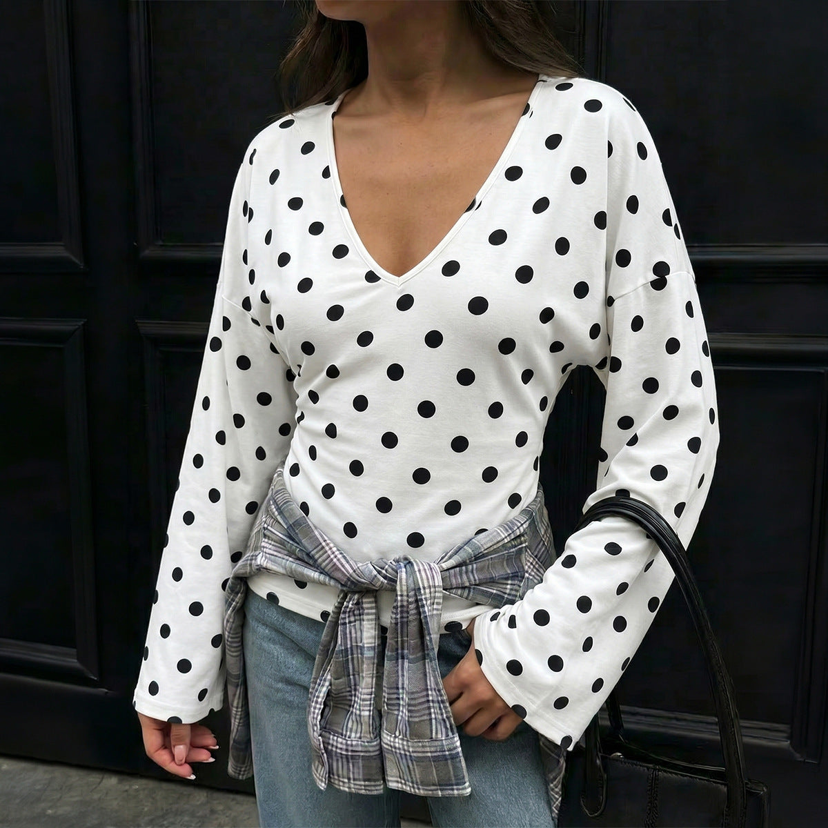 Womens Vintage French Dot V-Neck Top