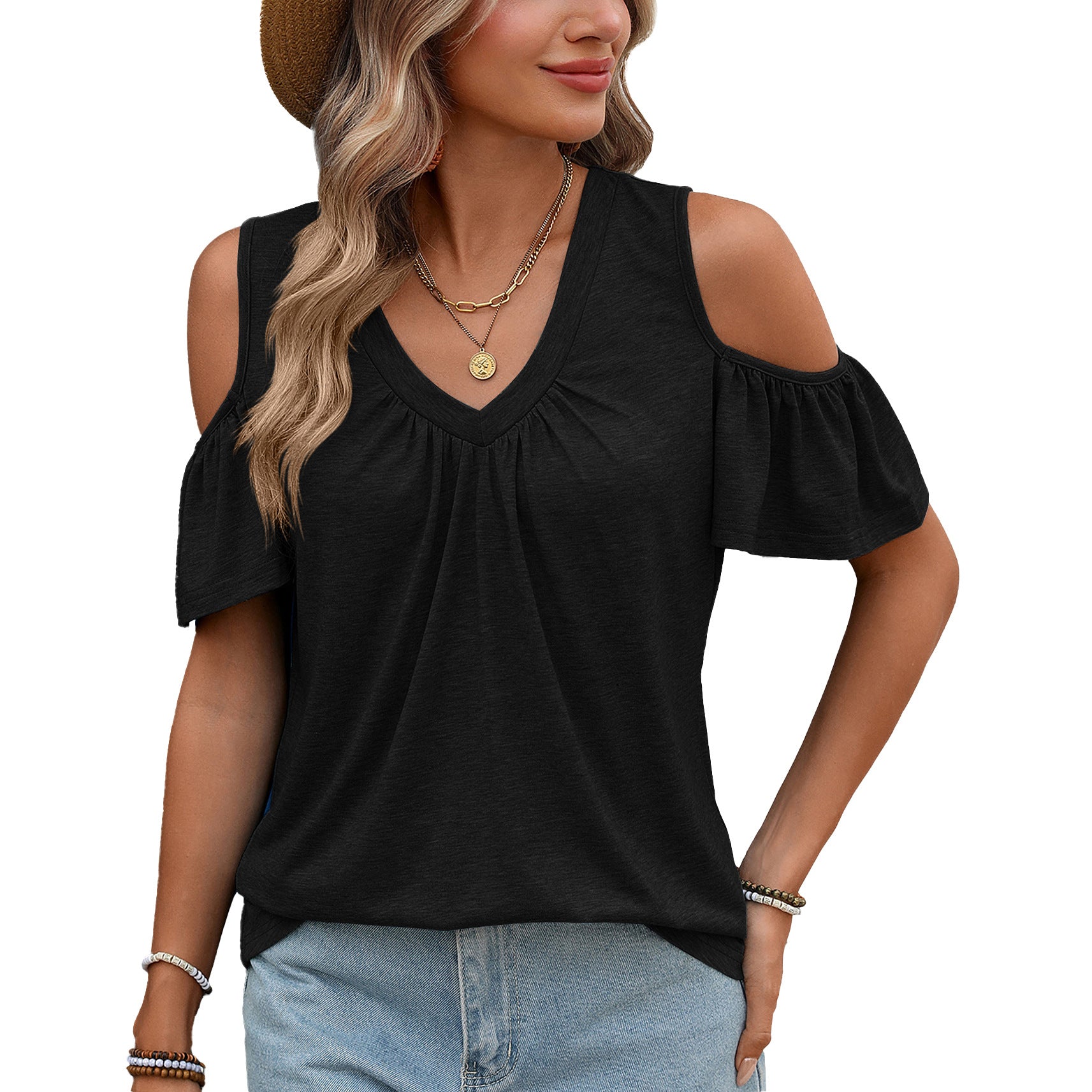 Women Solid Color V-Neck Off-Shoulder Short Sleeve T-Shirt Top