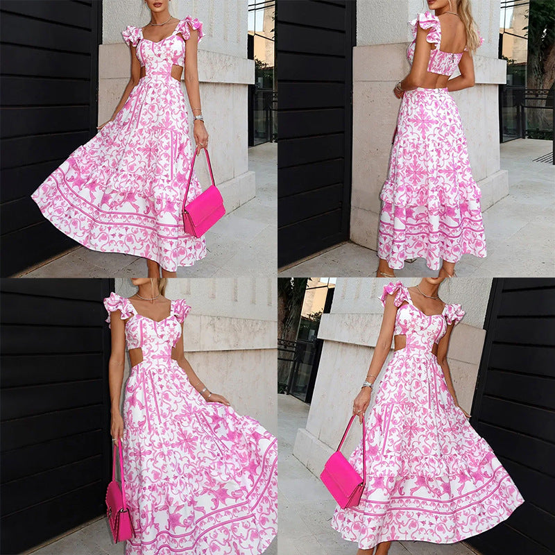 Womens Dress Ruffled Sleeve Print Waist