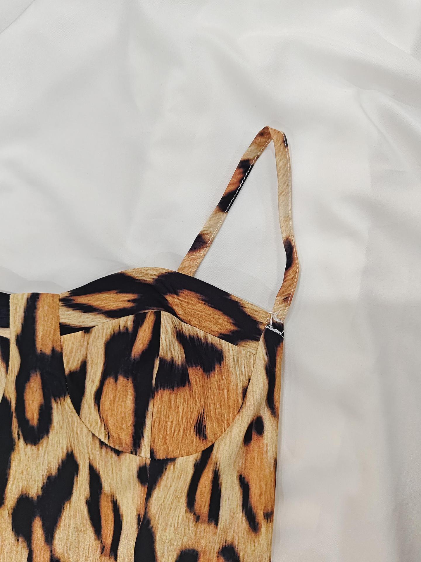 Women Sexy Leopard Print Suspender Waist A Line Dress