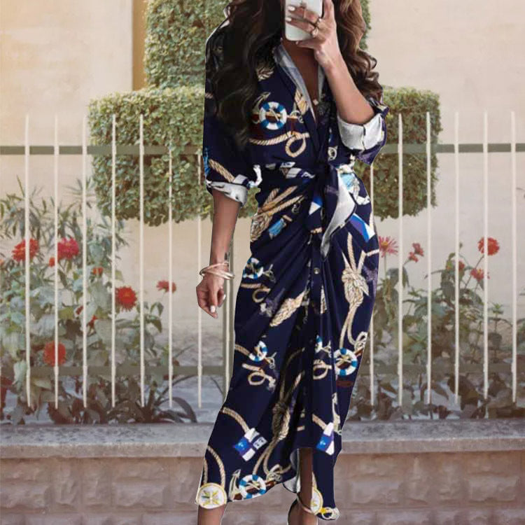 Womens Casual V-Neck Printed Strap-on Dress