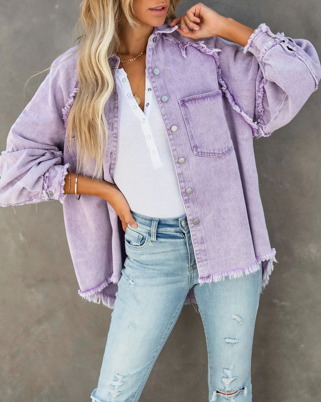 Womens Casual Fringed Ripped Loose Denim Jacket
