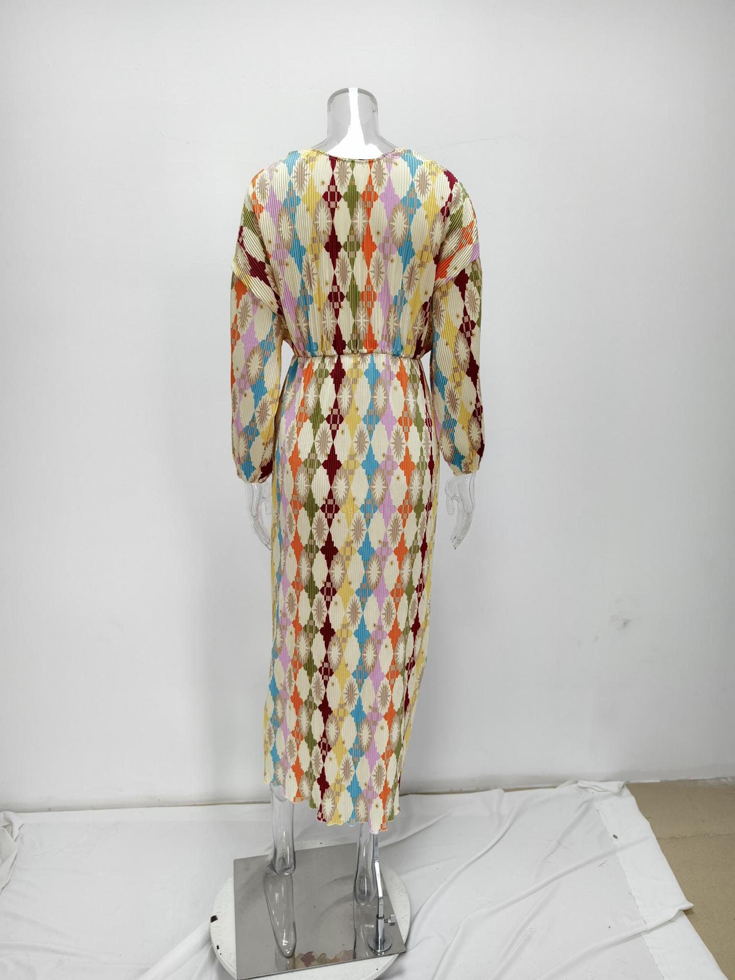 Womens Elegant Printed V-Neck Lantern Sleeve Dress