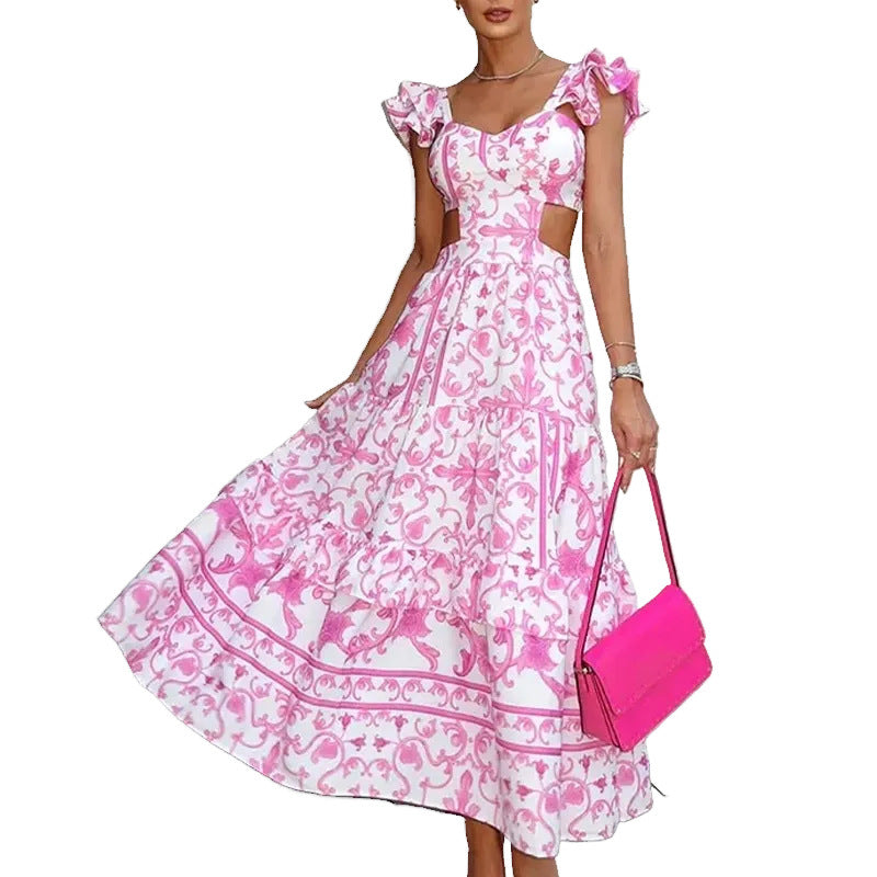 Womens Dress Ruffled Sleeve Print Waist