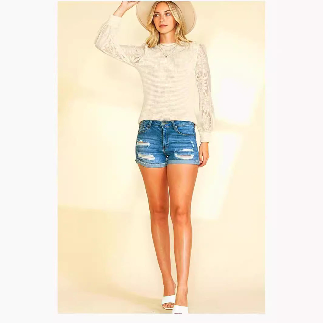 Womens Casual Crochet Top Mesh Lace Long Sleeve Shirts