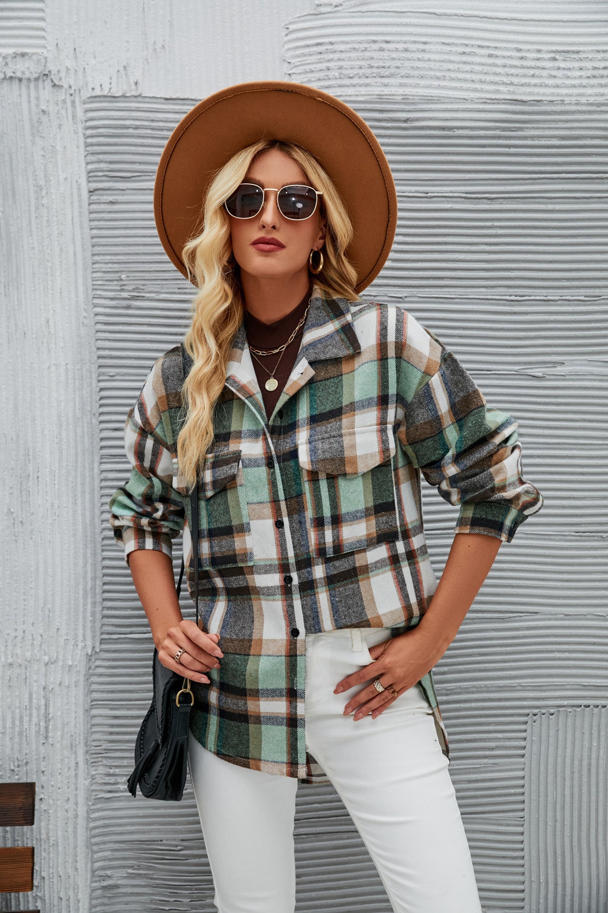 Women Long Sleeve Cardigan Lapel Loose Plaid Wool Shirt Jacket
